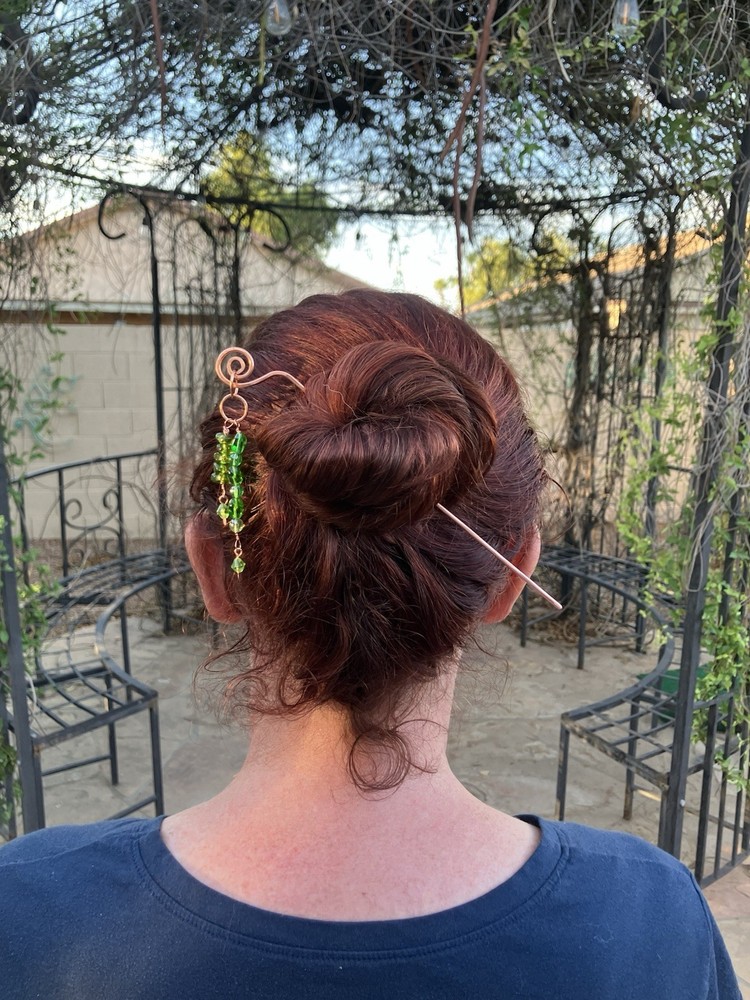 Hand Crafted Copper Metal Hair Stick Pin with Green Glass Beaded Dangle Charms