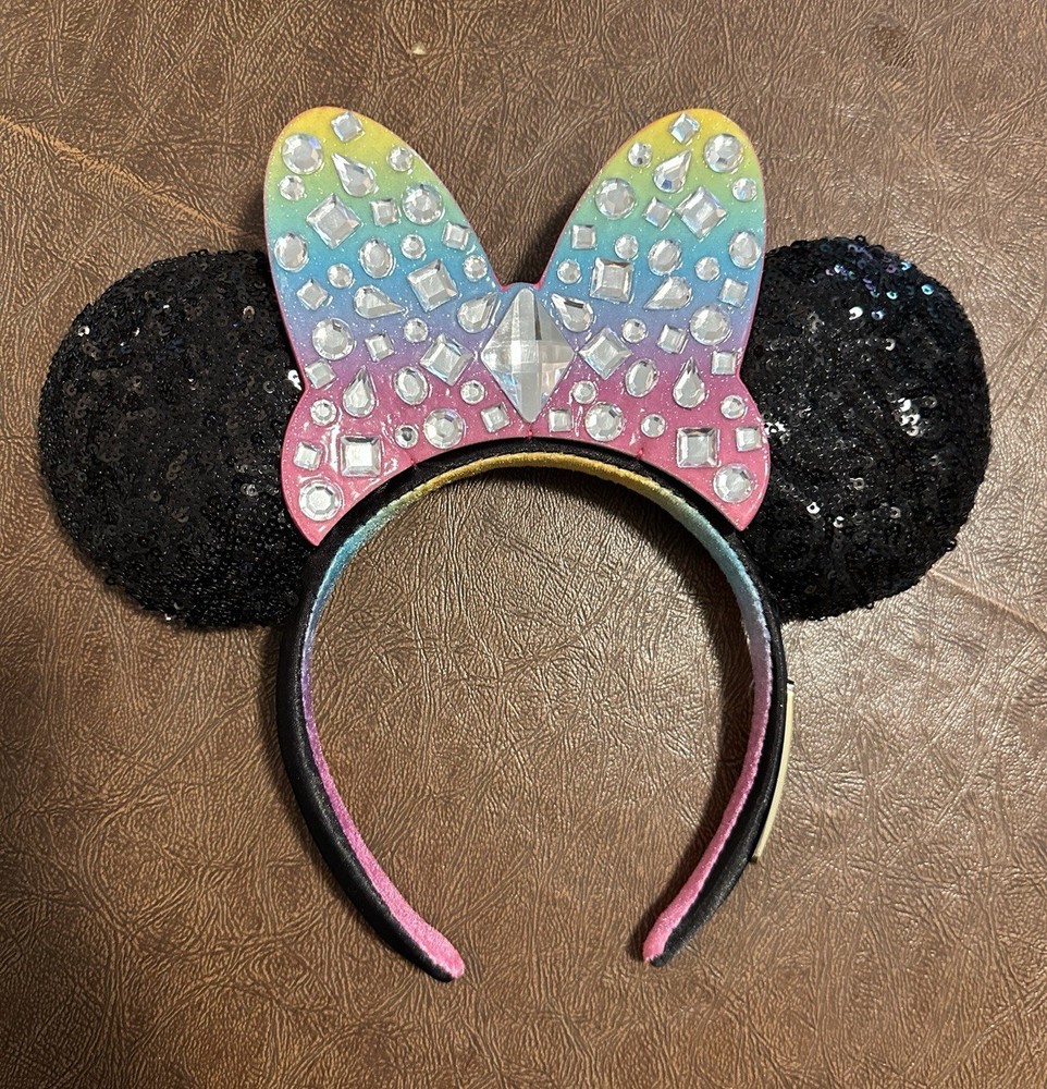 Disney Parks Minnie Mouse Ears Sequined Headband, Black Ears Multicolor Bow