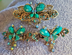 3 Pc. Hair Barrette Tension Clip Gold Tone Colored Beads Rhinestone (S3)