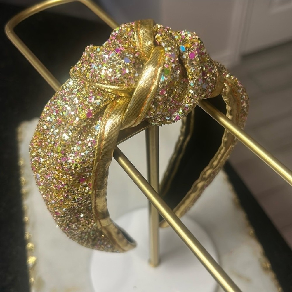 Gold Glitter Knotted Headband Sparkly Rhinestone Hair Accessory Padded Glam