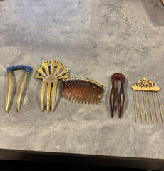 5 Vintage Ornamental Gold Tone and brown Hair Combs