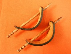 2 Leather Hair Barrettes w Sticks, Ponytail, Crowing Rooster, Hand Crafted #273