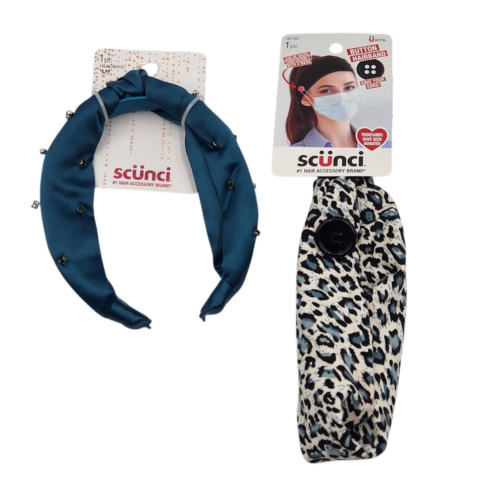 Scunci Deep Teal Fabric Hair Headband and Button Hairband Set with Jewels Bundle