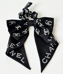 NEW CHANEL BLACK WHITE CC LOGO SILK HAIR BOW TIE SCRUNCHIE