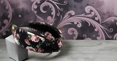 Summer Satin Black Rose Floral Pattern Knotted Headband for Women Silk Feel
