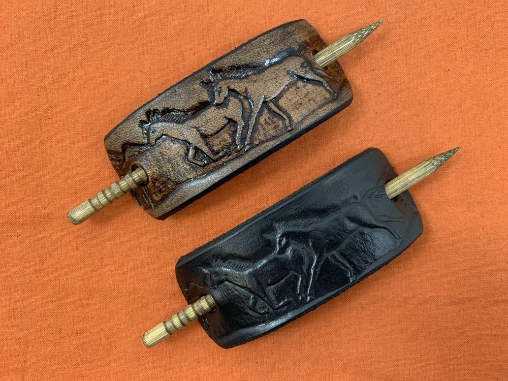 2 Leather Hair Barrettes w Sticks, Ponytail, Two Running Horses Handcrafted #222