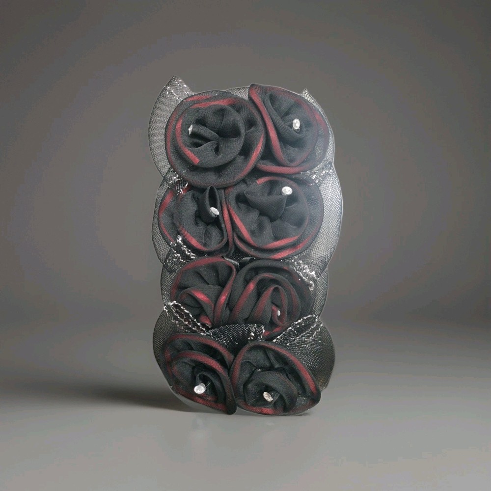 Black and Red Fabric Rose Hair Clip with Decorative Beads