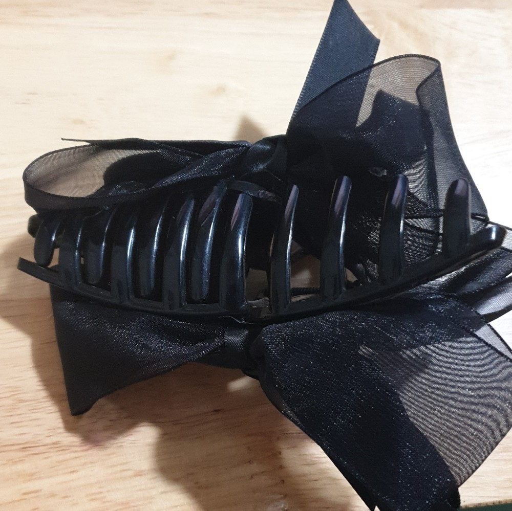 Women’s Black Hair Claw Clip, Solid Plastic with Large Sheer Fabric Bow