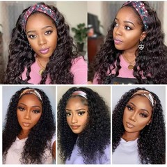 mmiQus 12A Headband Human Hair Wigs Water Wave None Lace Front Glueless Wig With