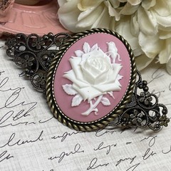 Pink & White Rose Cameo Flower Anniversary Wedding Pin Hair Clip Jewelry Comb