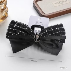 MUJU Hair Claw Clip 14.5cm Fabric Plastic Bow Accent Plaid Black White D339 2pcs
