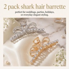 Pecieco Gold Bow Rhinestone Hair Claw 1 Count (Pack of 1), & Silver