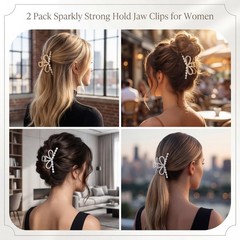 Pecieco Gold Bow Rhinestone Hair Claw 1 Count (Pack of 1), & Silver