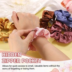3pcs Silk Satin Scrunchies with Zipper Pocket Elastic Hair Bands Dark Green
