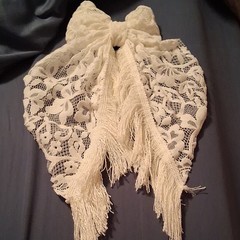 White Lace Bow Barrette Clip w/ Fringe, Floral Pattern, Women’s Hair