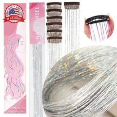 Hair Tinsel Pack of 12 Pcs 20 Inch Glitter Silver Clip in Tinsel Hair Extensions