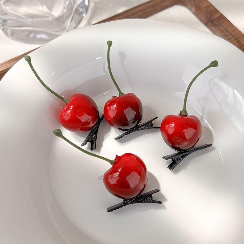 4 PCS Red Cherry Hair Clips, Realistic Fruit, Alligator Barrette, Nonslip