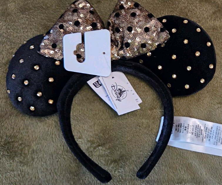 Disney Minnie Mouse Black Sequin Ears Headband w/ Gold Polka Dot Bow