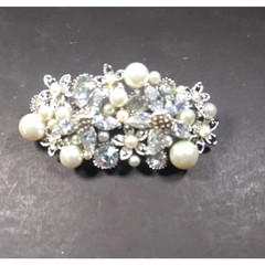 Hair Barrette Tension Clip Faux Pearls Rhinestone Silver Tone Elegant Church…