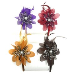 4 pieces Feather Leopard Flower w/ Pearl Satin Headband 0.4″ width Assorted