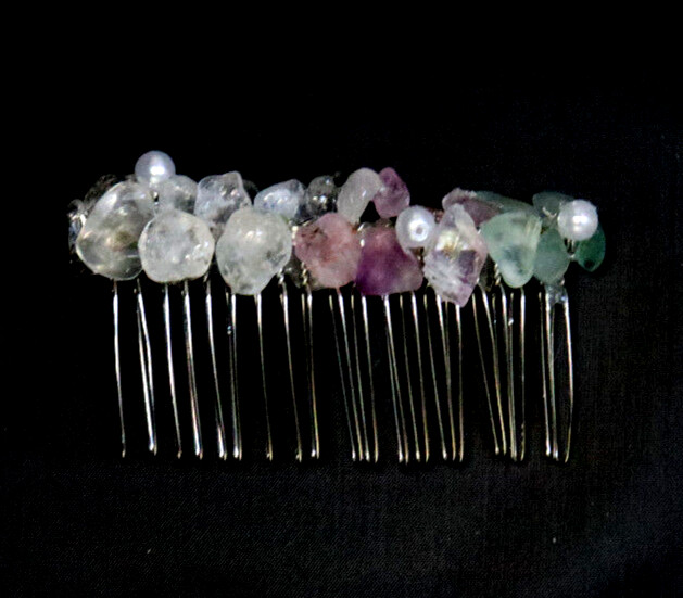 HAIR CLIP COMB CLIP SEA GLASS AVENTURNE AMETHYST CLEAR QUARTZ PEARL HAND MADE