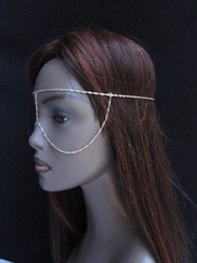 WOMEN SILVER METAL EXTRA LONG HEAD CHAIN FASHION JEWELRY FRONT GLASSES EYE COVER