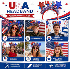 4Th of July Stars Headband Patriotic Independence Day Headpiece Red White Blue U
