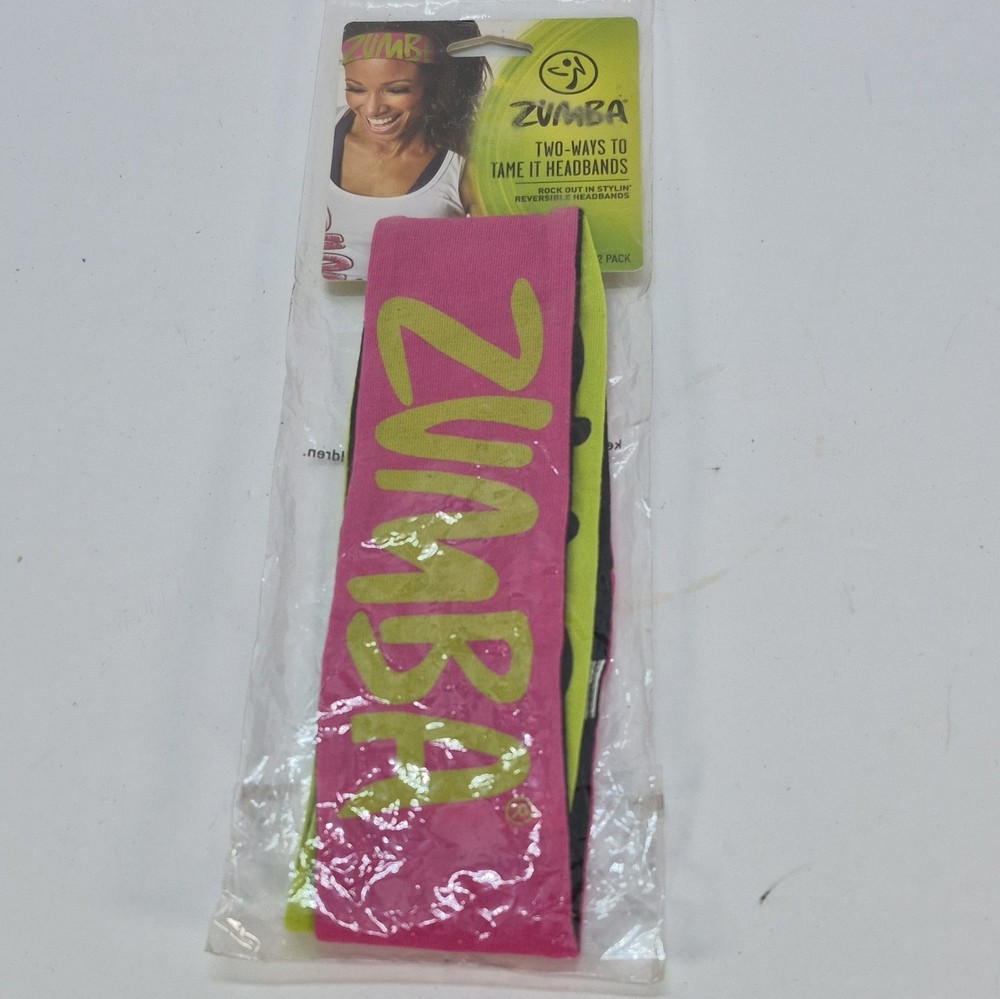 Zumba Women’s Reversible Headbands 2 Pack Pink Green Black Logo Activewear