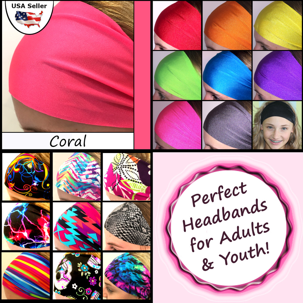 Wide Headband School Sports Elastic Spandex Stretch Women Men Youth [Coral]