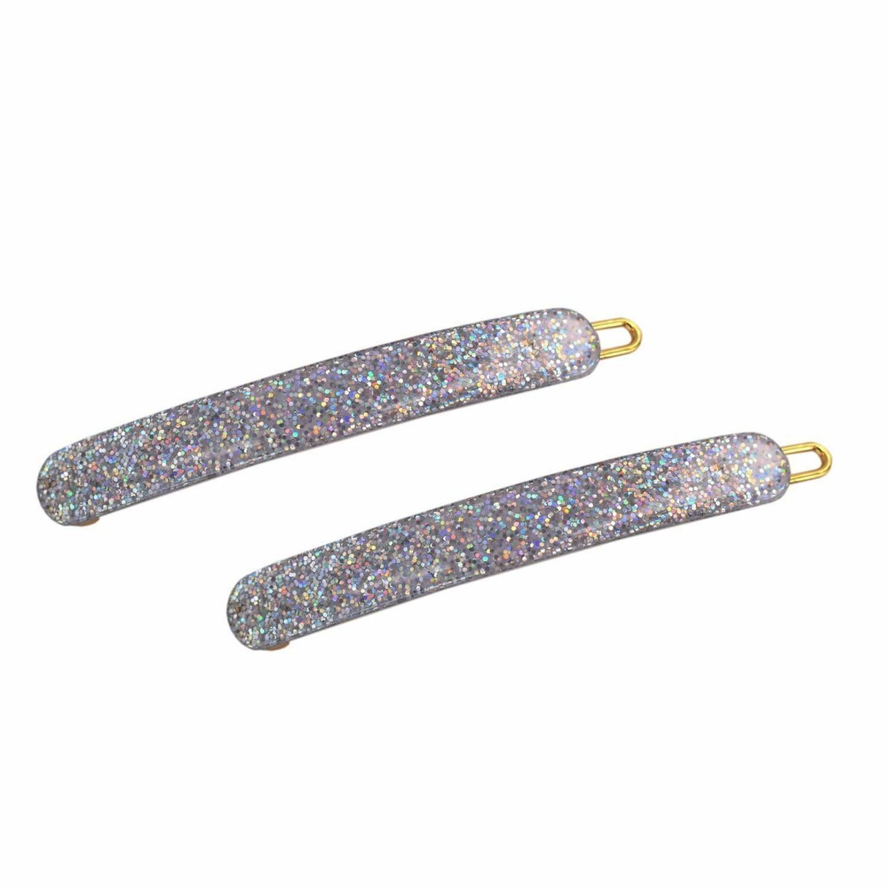French Amie Rounded Oblong Silver Glitter Celluloid Side Hair Clip Barrette 2Pcs