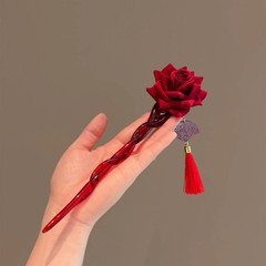1PC Hair Stick Women Chinese Red Rose With Tassel Fan Hair Accessory Daily Wear