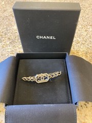 CHANEL barrette Gold Tone With Chain, Faux Pearl And CrystaL Logo, All Classics