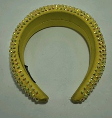 Neon Yellow Padded Fabric Headband Hair Accessory W/Rhinestone Bling Handmade