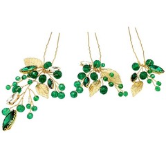Crystal Wedding Hair Pins Emerald Green Rhinestone Gold Leaf Vine Bridal Hair