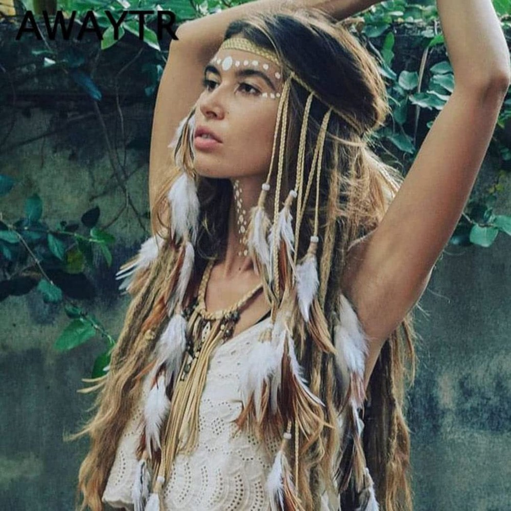 GORTIN Boho Feather Headband Gypsy Indian 1 Count (Pack of 1), White