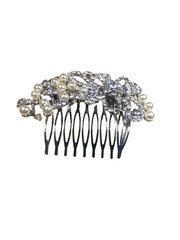 Flower And Ice Hair Comb Silver Tone Clear Rhinestone Faux Pearls Elegant…