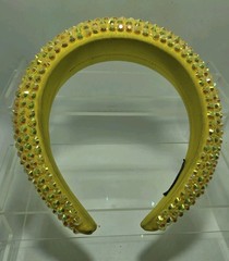 Neon Yellow Padded Fabric Headband Hair Accessory W/Rhinestone Bling Handmade