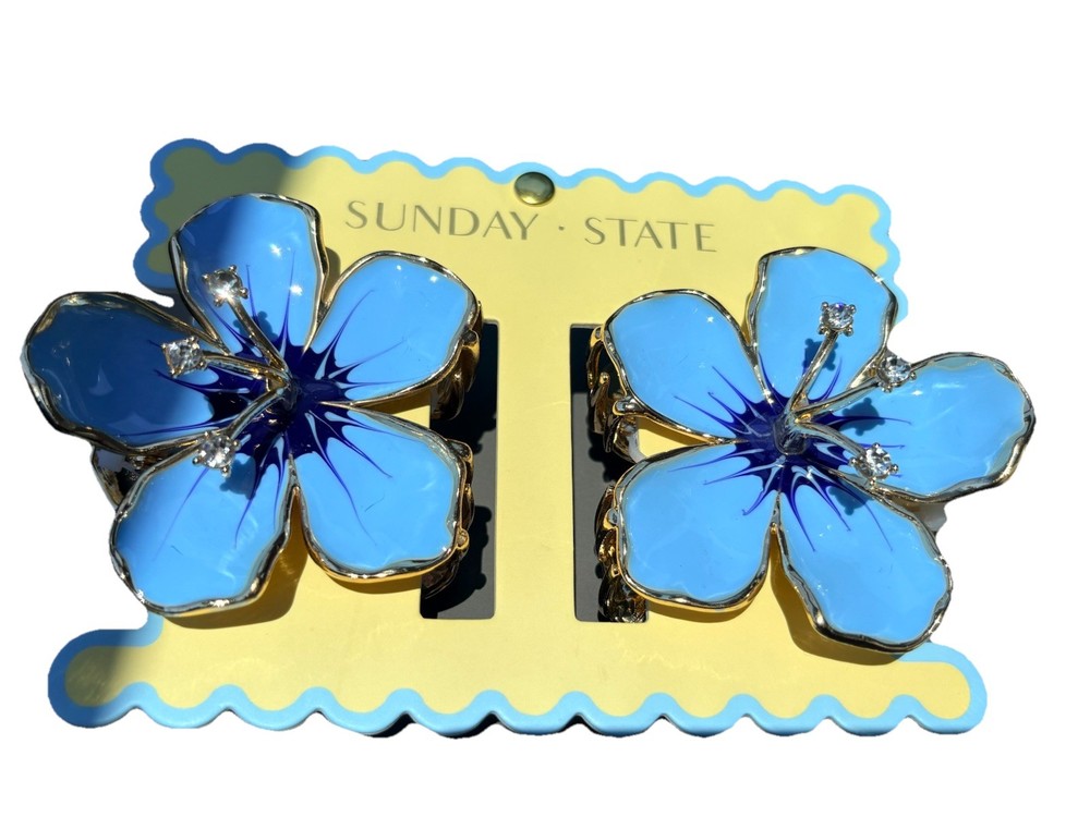 New! Metal Flower Hair Clips By Sunday State Blue W/ Gold /Rhinestones