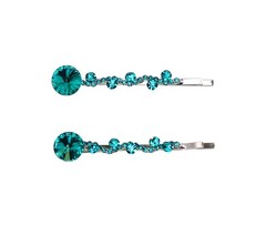 A Pair Of Teal Premium Rhinestone Crystal Floral Hair Clips 2 Pcs Pins Wedding