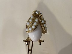 Gold Tone Metal Beetle Hair Clip Barrette w/ White Faux Pearls & Rhinestones