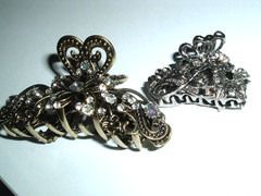 2 Black and White Rhinestone Floral Hair Claw Clips NEW