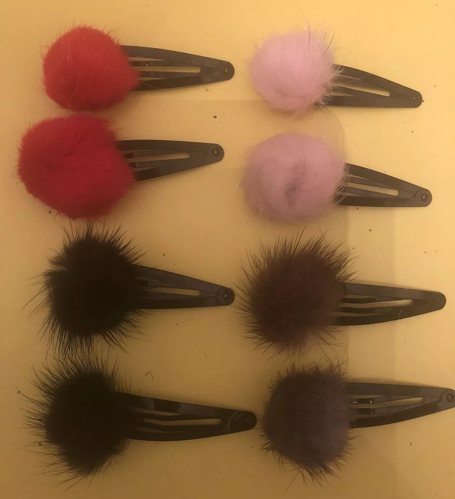 (4) Pale Pink, Black, Gray Or Red Rabbit Fur Pom Black Snap-in Metal Hair Clips