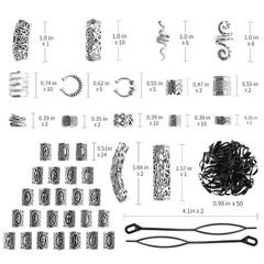 152PCS Vikings Hair Jewelry Norse Runes Tube Beads, Metal Clips Cuffs Rings, Acc