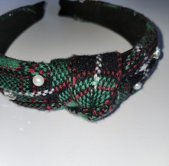 Green Plaid Flannel With Knot Headband Womens Girls With Faux Pearls And Bling
