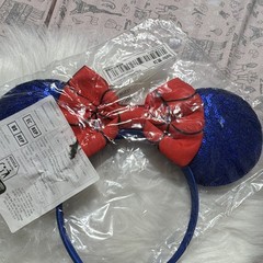 Minnie Mouse Blue Sequin Mouse Ears Headband with Red Bow, Solid Pattern