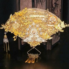 Gold Metal Fan-Shaped Headdress Hair Comb w/ Beaded Rhinestone Accents