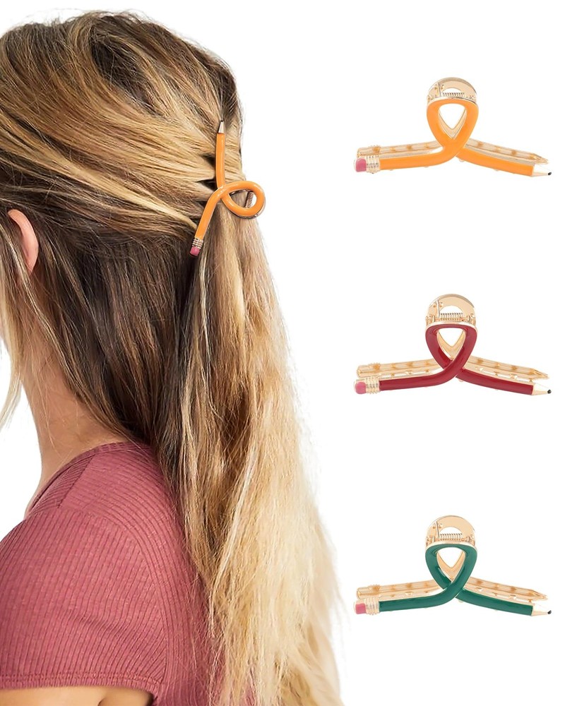 3 PCS Metal Pencil Hair Clips Women Funny Teacher Claw Thick Thin Back School