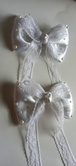Set of 2 White Satin Bow Hair Clip Barrettes w/ Lace Tails & Pearl Beads