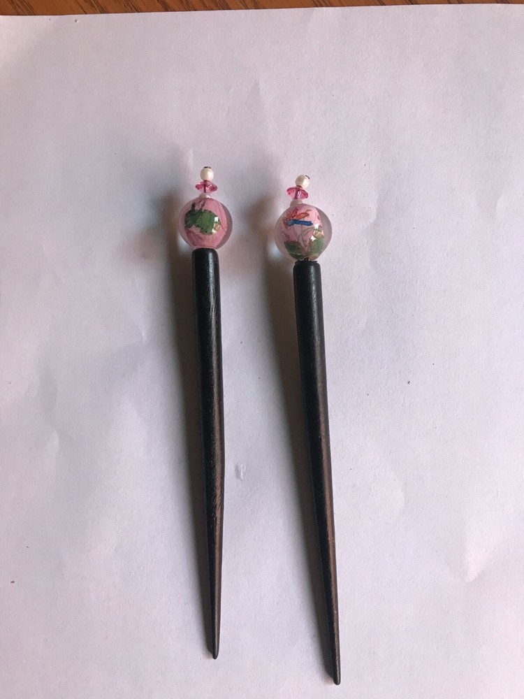 Hand crafted black wood hair sticks with glass bead with floral scene OOAK
