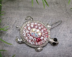 Rhinestone Turtle Hair Clip 1.75 Inch Silver Clear White Pink One Red Stone